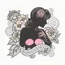 Breast Cancer and silhouette of woman touching her chest and flowers  tattoo design idea