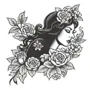 Breast Cancer and silhouette of woman touching her chest and flowers  tattoo design idea