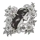 Breast Cancer and silhouette of woman touching her chest and flowers  tattoo design idea