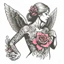 Breast Cancer and silhouette of woman touching her chest and flowers  tattoo design idea