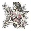 Breast Cancer and silhouette of woman touching her chest and flowers  tattoo design idea