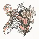 Breast Cancer and silhouette of woman touching her chest and flowers  tattoo design idea