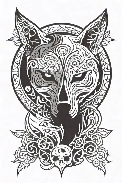 skull, wolf and moon tattoo design idea
