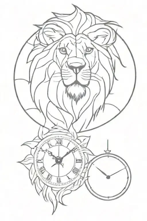 Clocks and lion tattoo design idea