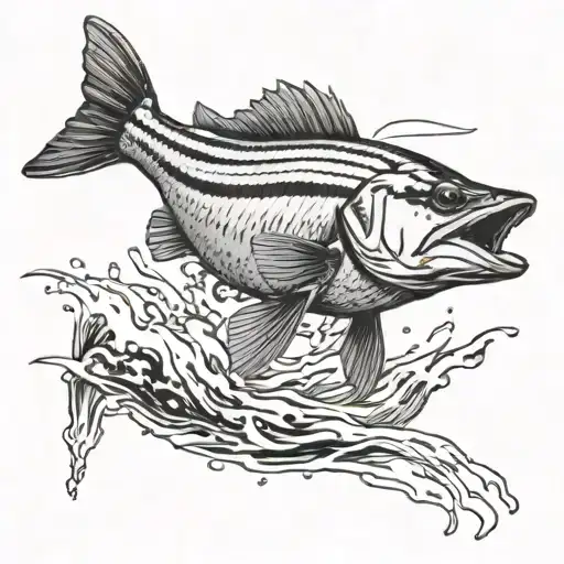 A detailed blackwork tattoo of a striped bass leaping out of the water with an osprey flying overhead tattoo design idea