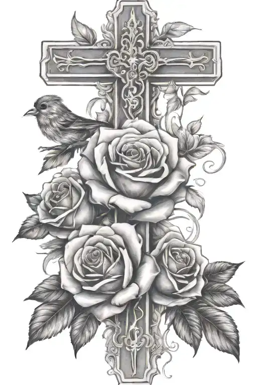 two birds staring at each other one upside down a cross surrounded around roses With sunlight shining  tattoo design idea