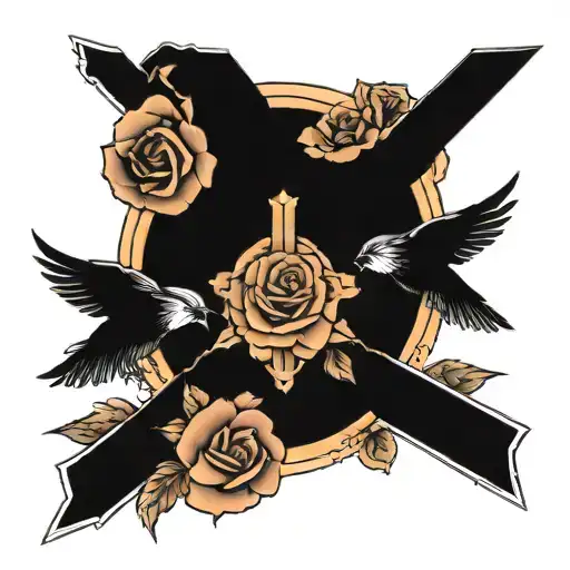 cross surrounded by rose sun shining light two birds facing towards each other but one is upside down with 01/28/2024 tattoo design idea