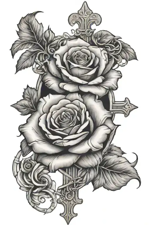 rose surrounded a cross with sun lights shining  tattoo design idea
