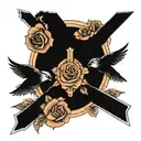 cross surrounded by rose sun shining light two birds facing towards each other but one is upside down with 01/28/2024 tattoo design idea