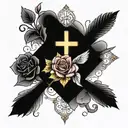 cross surrounded by rose sun shining light two birds facing towards each other but one is upside down with 01/28/2024 tattoo design idea