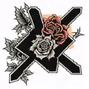 cross surrounded by rose sun shining light two birds facing towards each other but one is upside down with 01/28/2024 tattoo design idea