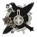 cross surrounded by rose sun shining light two birds facing towards each other but one is upside down with 01/28/2024 tattoo design idea