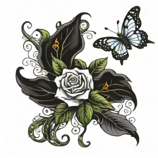 "Maverick" wrapped with vines and a few butterflies and hearts tattoo design idea