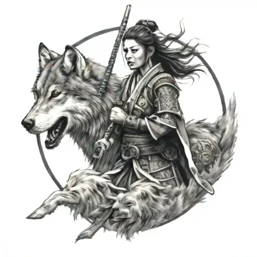 woman samurai with wolf tattoo design idea