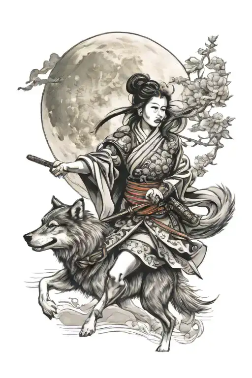 woman samurai with wolf howling at the moon tattoo design idea