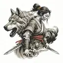 woman samurai with wolf tattoo design idea