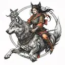 woman samurai with wolf tattoo design idea