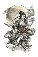 woman samurai with wolf howling at the moon tattoo design idea