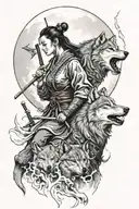 woman samurai with wolf howling at the moon tattoo design idea