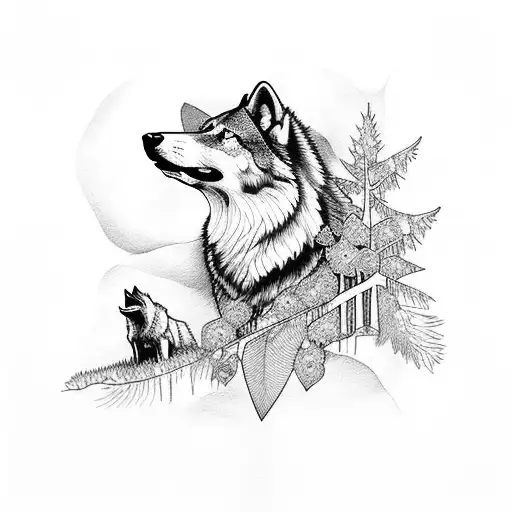 A majestic wolf and crow standing side by side in a dark forest tattoo design idea