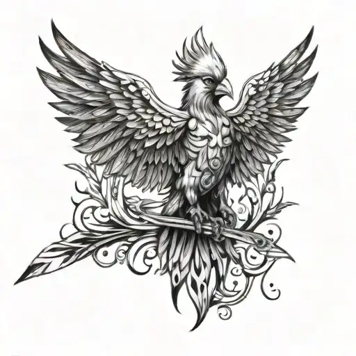 flaming cardinal like a phoenix rising with wings and sword tattoo design idea