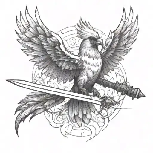flaming cardinal like a phoenix rising with wings and sword tattoo design idea