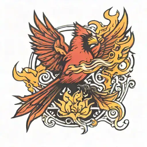 flaming cardinal flying bird rising tattoo design idea