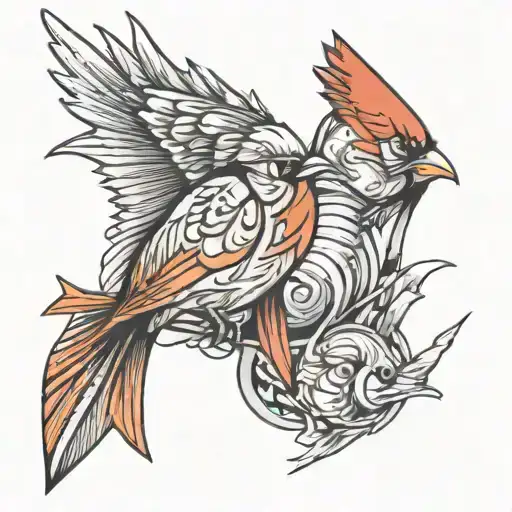 cardinal head and fish transforming tattoo design idea