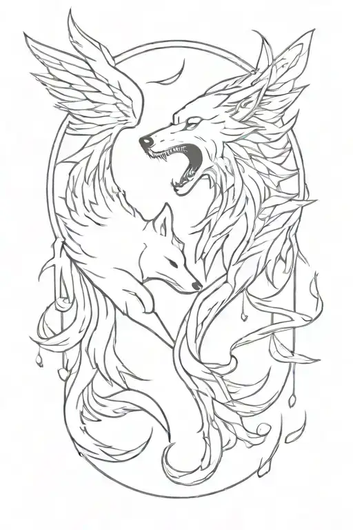 wolf and fighting fish transforming metal into a phoenix tattoo design idea
