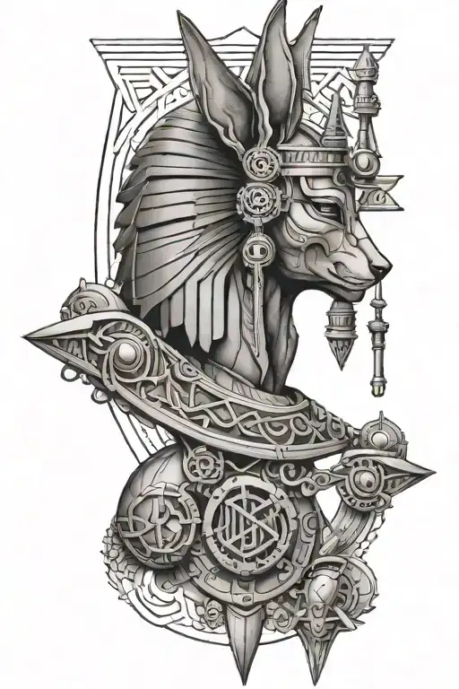 A unique tattoo design merging elements of Egyptian culture, such as Anubis and scarab beetles, with the client's favorite things like guns and stonework tattoo design idea