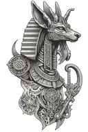 A unique tattoo design merging elements of Egyptian culture, such as Anubis and scarab beetles, with the client's favorite things like guns and stonework tattoo design idea