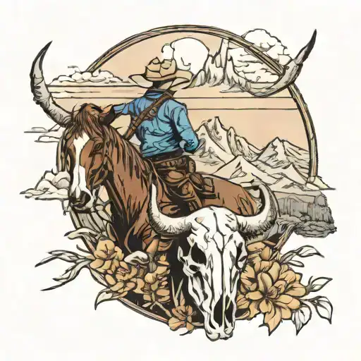 a bull skull with a cowboy and his horse looking to the distance with a mountain range and a cross on the horizon  tattoo design idea