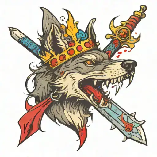 wolf with a sword in his bloody mouth ando with a crown hanging from the top of sword , using vivid colors tattoo design idea