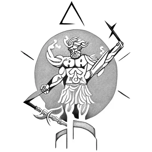 A blackwork tattoo of the Greek god Zeus holding a lightning bolt tattoo design idea