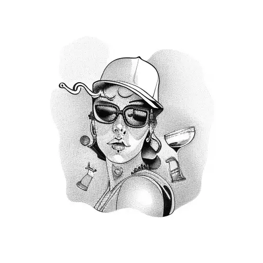 A seductive woman holding a beer mug with a truck in the background tattoo design idea