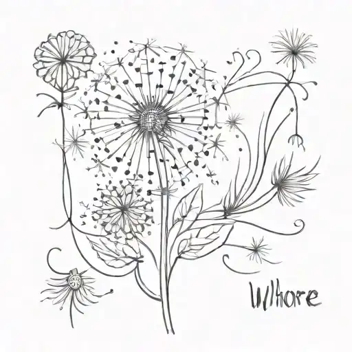 dandelion transforming text "whore" tattoo design idea