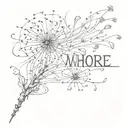  text "whore" blowing apart like a dandelion in the wind tattoo design idea