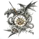 clocks exploding with swords going through them with dragons wrapping around it  tattoo design idea