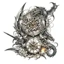 clocks exploding with swords going through them with dragons wrapping around it  tattoo design idea