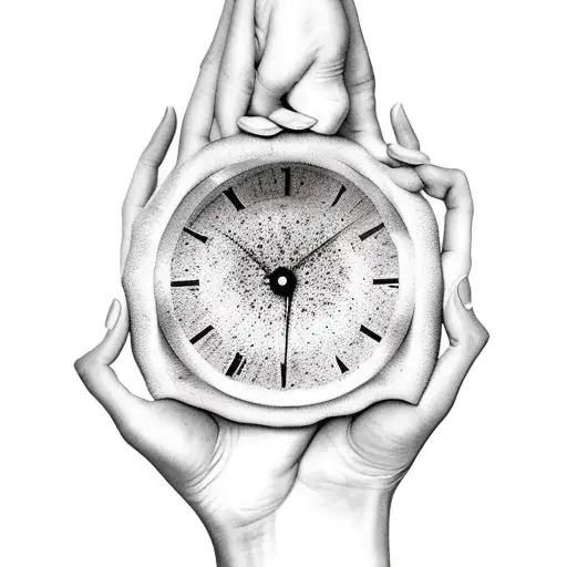 "hand holding hourglasd with caption time waits for no one" tattoo design idea