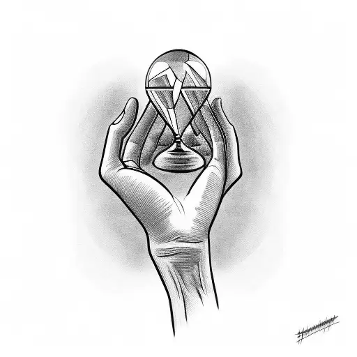 "hand holding hourglass with caption time waits for no one" tattoo design idea