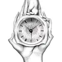 "hand holding hourglasd with caption time waits for no one" tattoo design idea