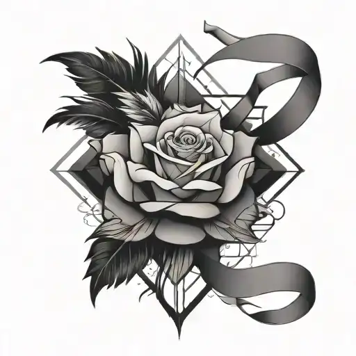 rose and ribbon intertwined with feathers falling tattoo design idea
