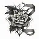 rose and ribbon intertwined with feathers falling tattoo design idea