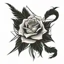 rose and ribbon intertwined with feathers falling tattoo design idea