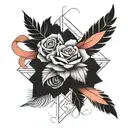rose and ribbon intertwined with feathers falling tattoo design idea