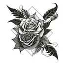 rose and ribbon intertwined with feathers falling tattoo design idea