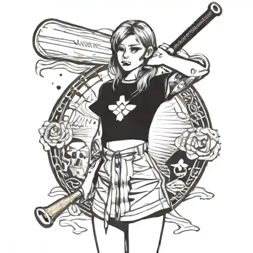 girl with skirt holding a baseball bat on right hand has a skirt on and has three faces looking left right and straight  tattoo design idea