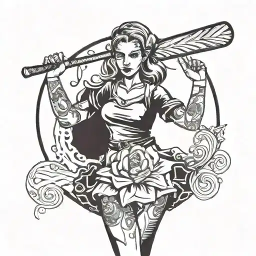 girl with skirt holding a baseball bat on right hand has a skirt on and has three faces looking left right and straight  tattoo design idea