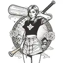 girl with skirt holding a baseball bat on right hand has a skirt on and has three faces looking left right and straight  tattoo design idea